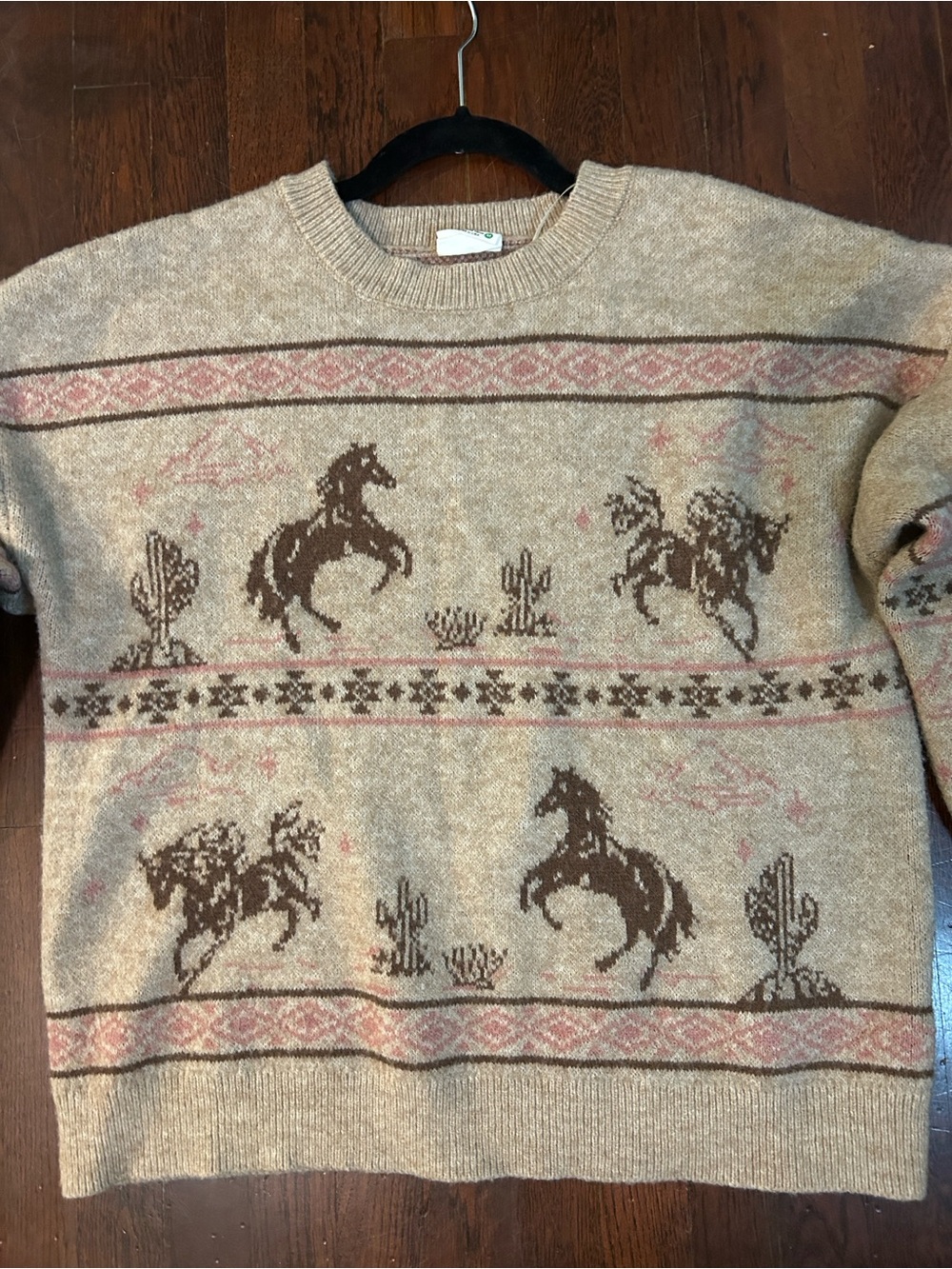 Beige Horse Motif Crewneck Sweater - Unisex